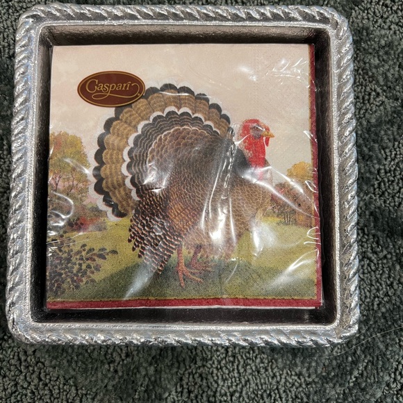 Mariposa Cocktail Napkin Holder with Turkey Weight & Caspari Turkey Napkins - Picture 2 of 3